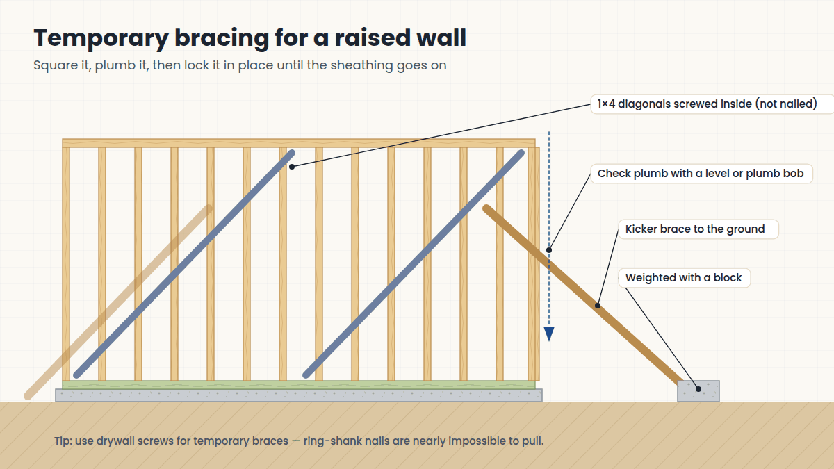 Diagram of temporary bracing on a newly raised garage wall with diagonal braces and ground kickers
