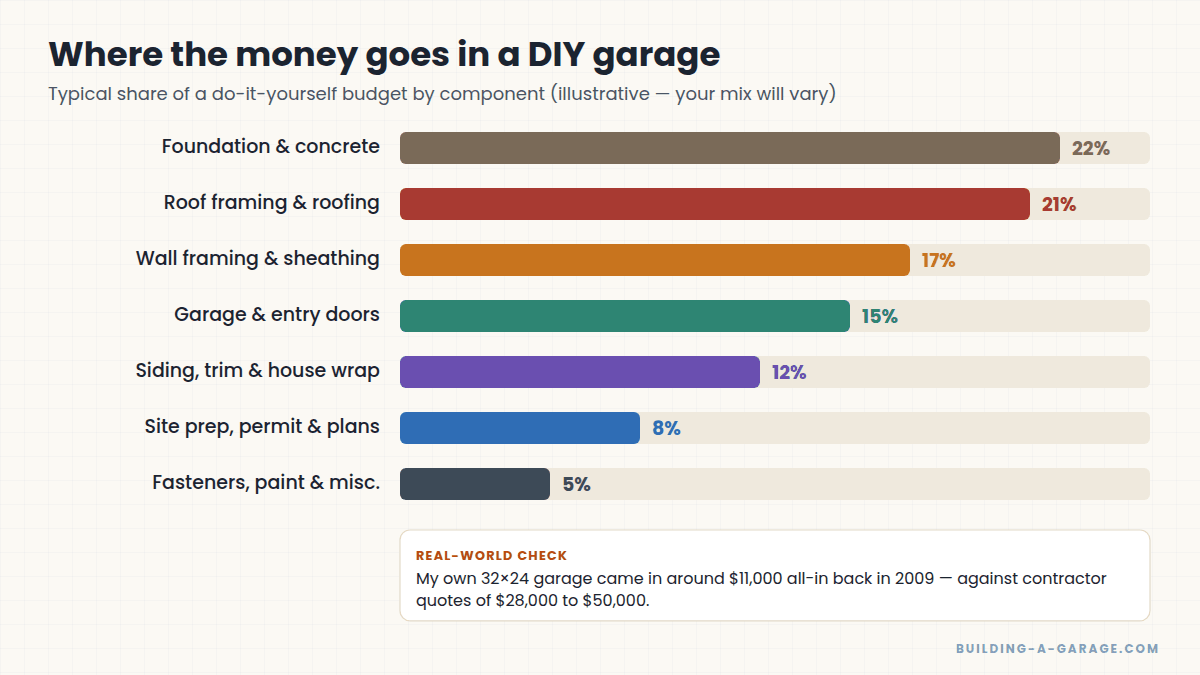 Bar chart showing the typical share of a DIY garage budget by component