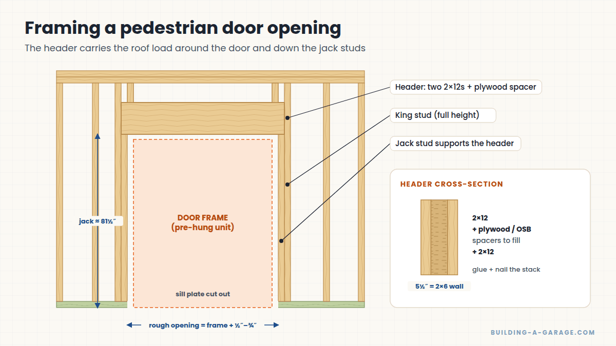 Elevation of a pedestrian door rough opening with king studs, jack studs and a built-up header, plus header cross-section
