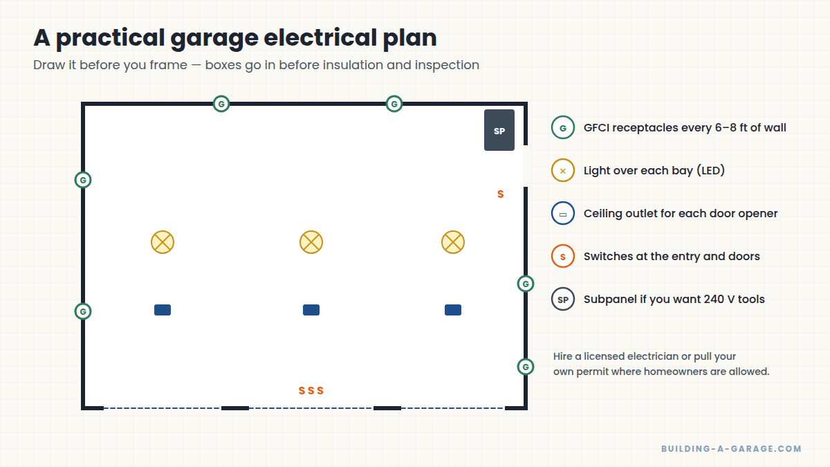 Floor plan showing a typical garage electrical layout with GFCI outlets, lights, switches and a subpanel