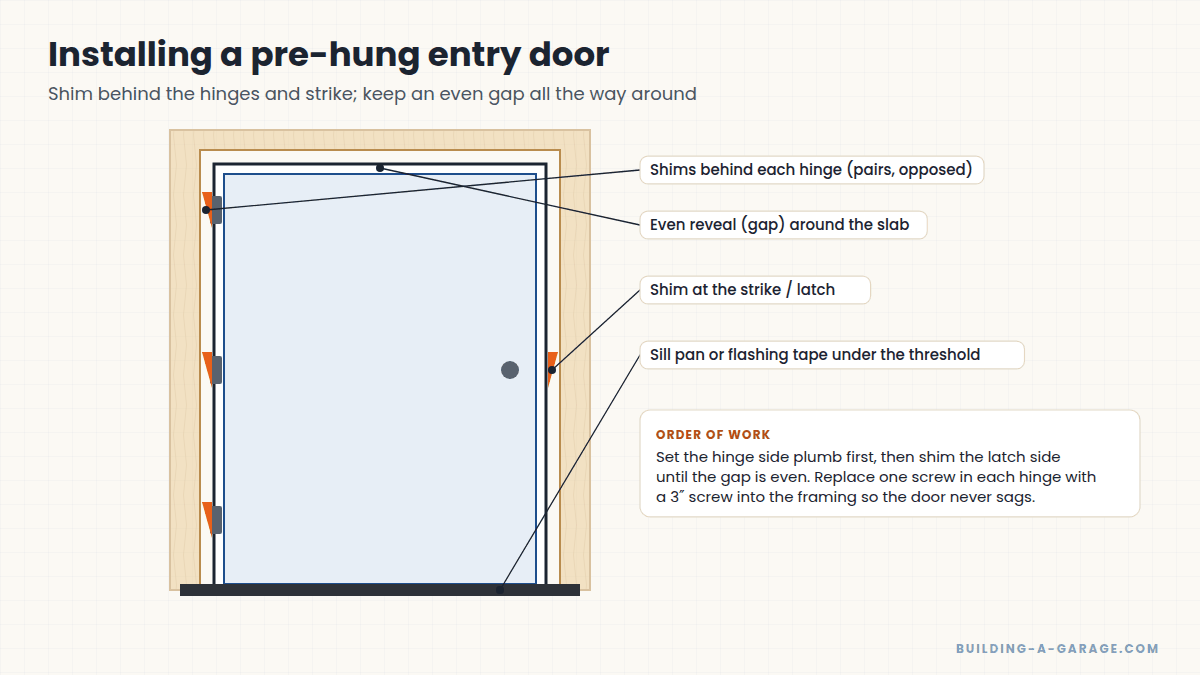 Elevation showing where to shim a pre-hung exterior door and the flashing sequence at the sill