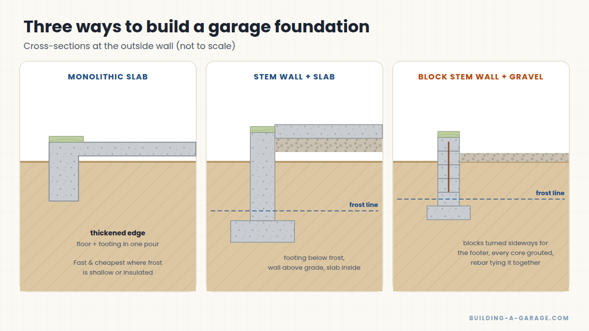 Cross-sections of three garage foundation types: monolithic slab, stem wall with slab, and block stem wall with gravel floor