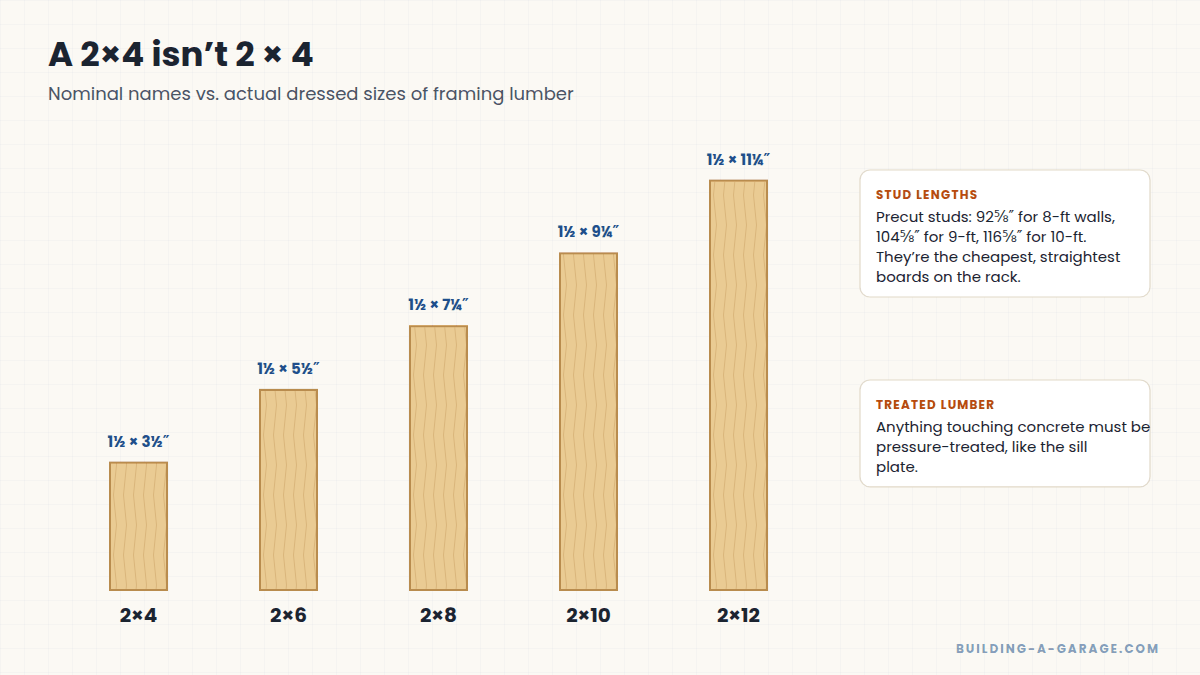 Chart comparing nominal and actual dimensions of common framing lumber