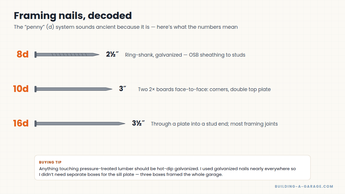 Actual-size comparison of 8d, 10d and 16d framing nails with typical uses