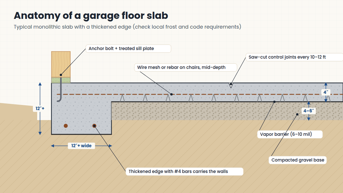 Cross-section of a garage floor slab with gravel base, vapor barrier, reinforcement and thickened edge