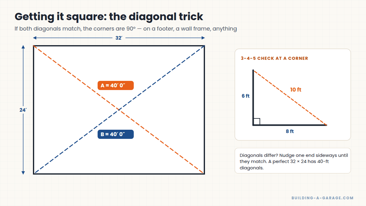 Diagram showing how to square a foundation or wall by measuring equal diagonals and using the 3-4-5 rule