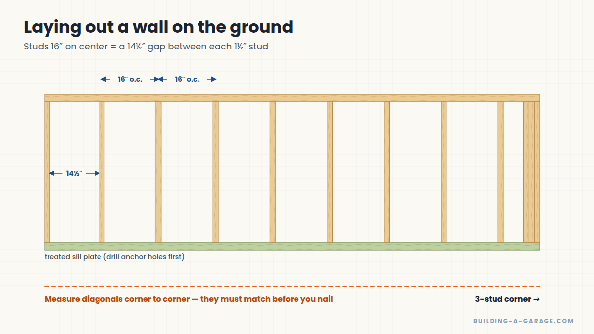 Layout of studs on a sill plate at 16 inches on center with 14-1/2 inch gaps