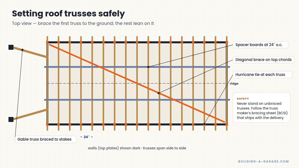 Top view and elevation showing roof trusses at 24 inches on center with temporary and permanent bracing and hurricane ties