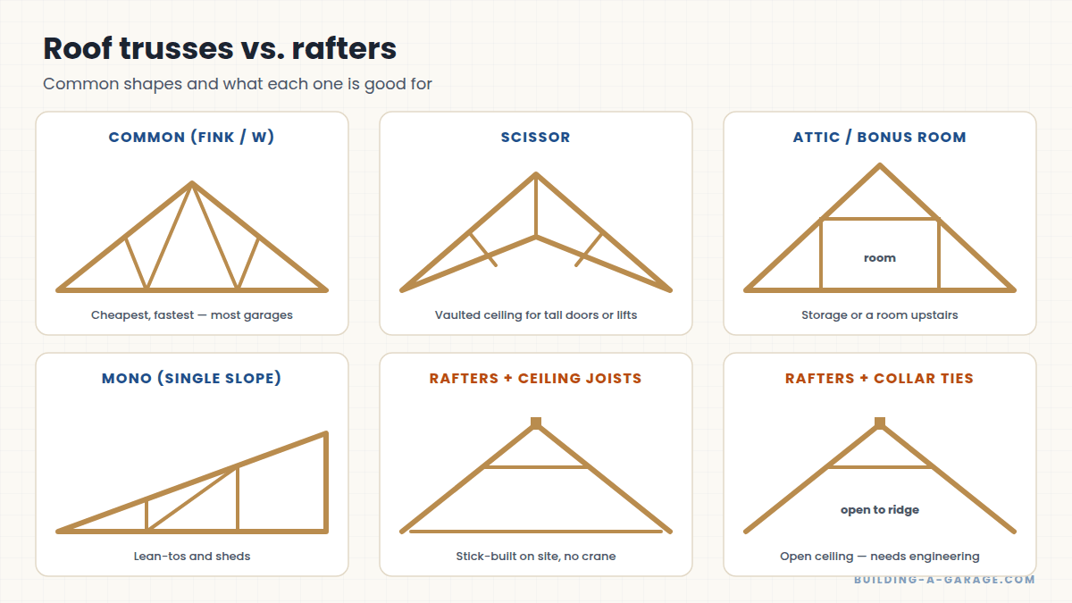 Comparison of common, scissor, attic and mono roof trusses with a stick-framed rafter roof